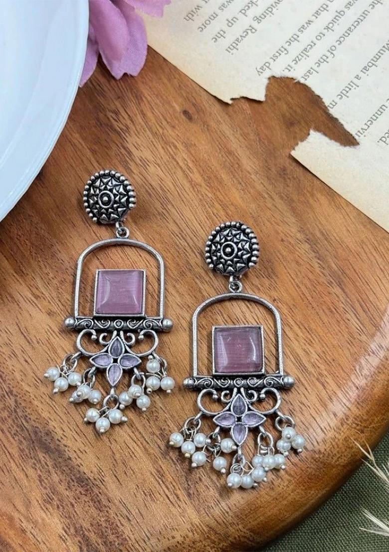 Silver Plated Artificial Stones Studded And Beaded Antique Drop Earrings