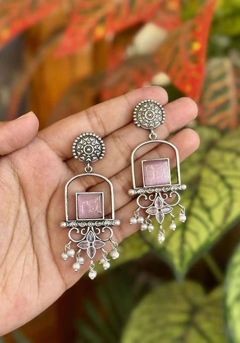 Silver Plated Artificial Stones Studded And Beaded Antique Drop Earrings