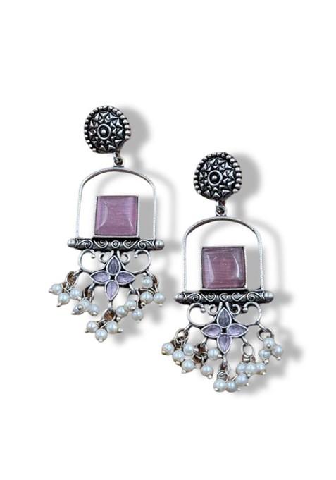 Silver Plated Artificial Stones Studded And Beaded Antique Drop Earrings