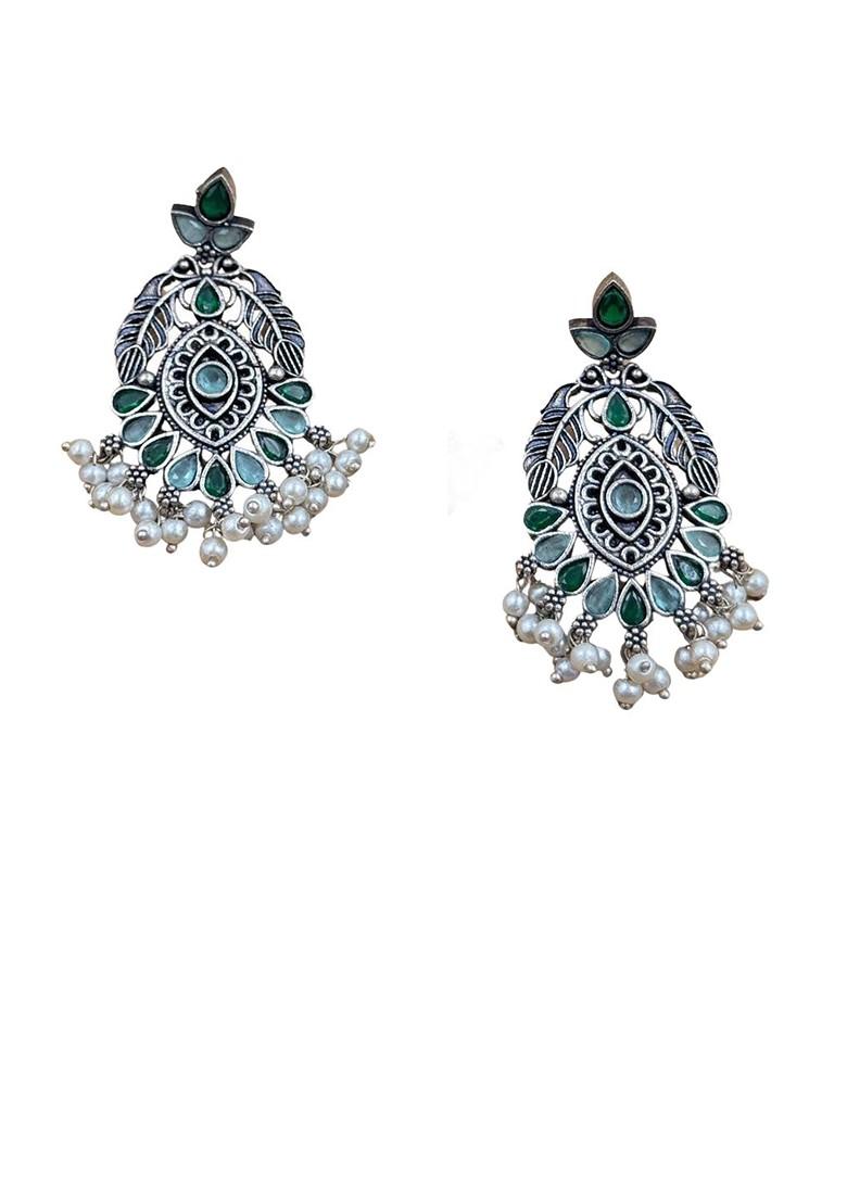 Silver Plated Artificial Stone And Beaded Contemporary Oxidised Drop Earrings