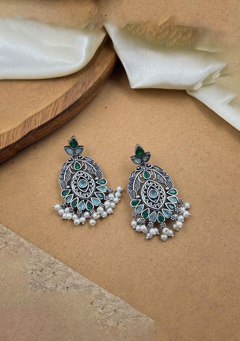 Silver Plated Artificial Stone And Beaded Contemporary Oxidised Drop Earrings