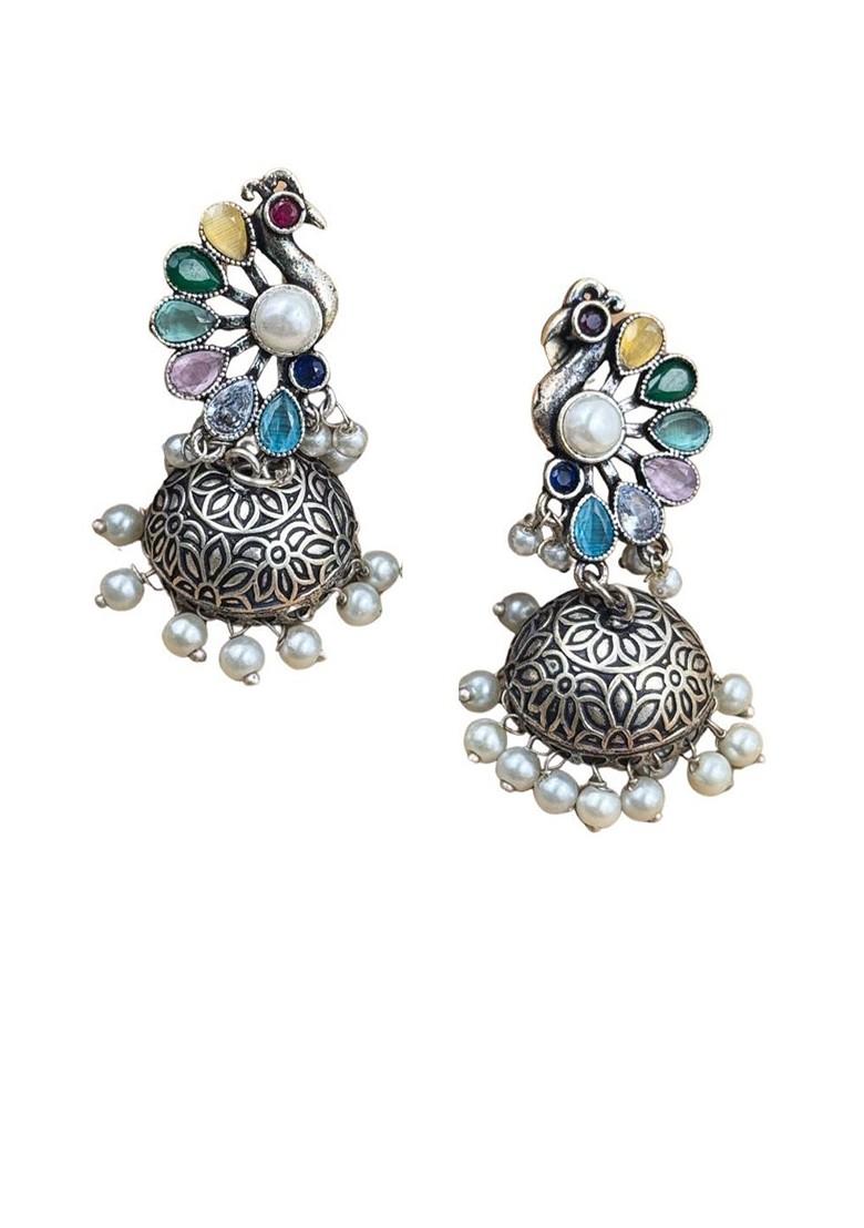 Silver Plated Artificial Stones And Beads Oxidised Contemporary Jhumkas