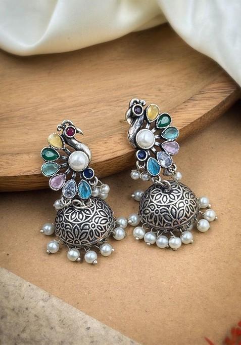 Silver Plated Artificial Stones And Beads Oxidised Contemporary Jhumkas