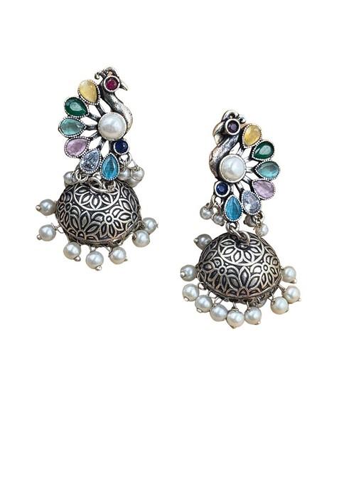 Silver Plated Artificial Stones And Beads Oxidised Contemporary Jhumkas