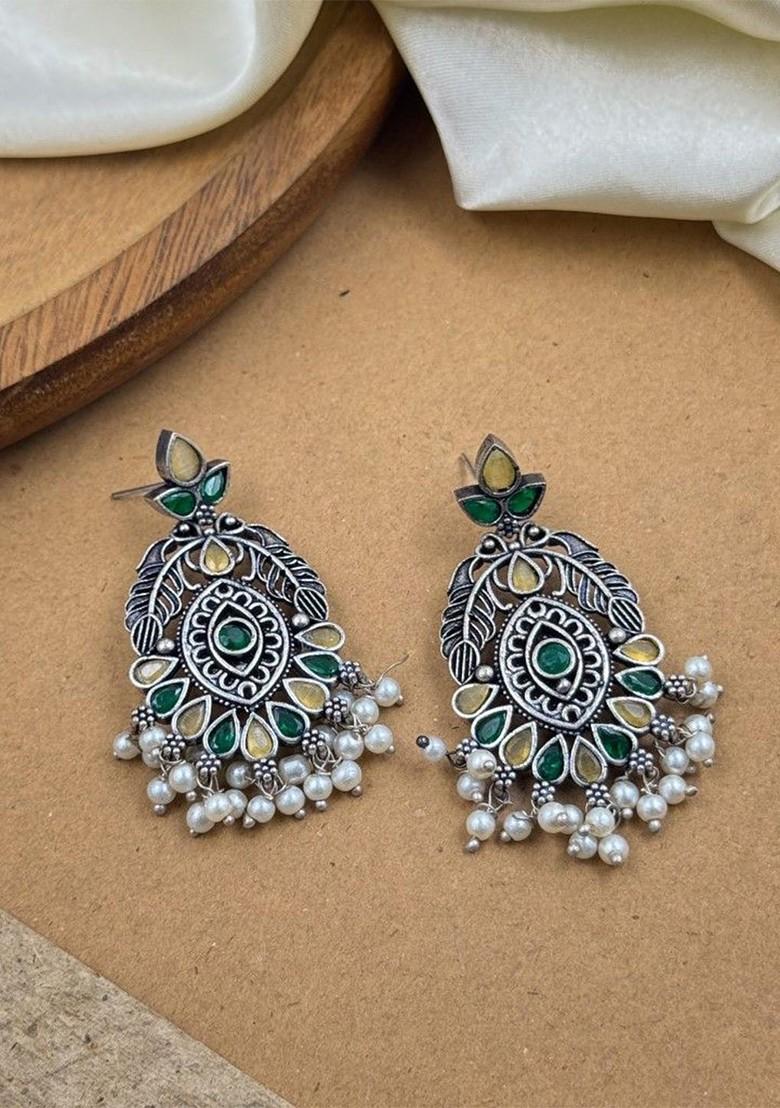 Silver Plated Artificial Stones Studded And Beaded Oxidised Drop Earrings