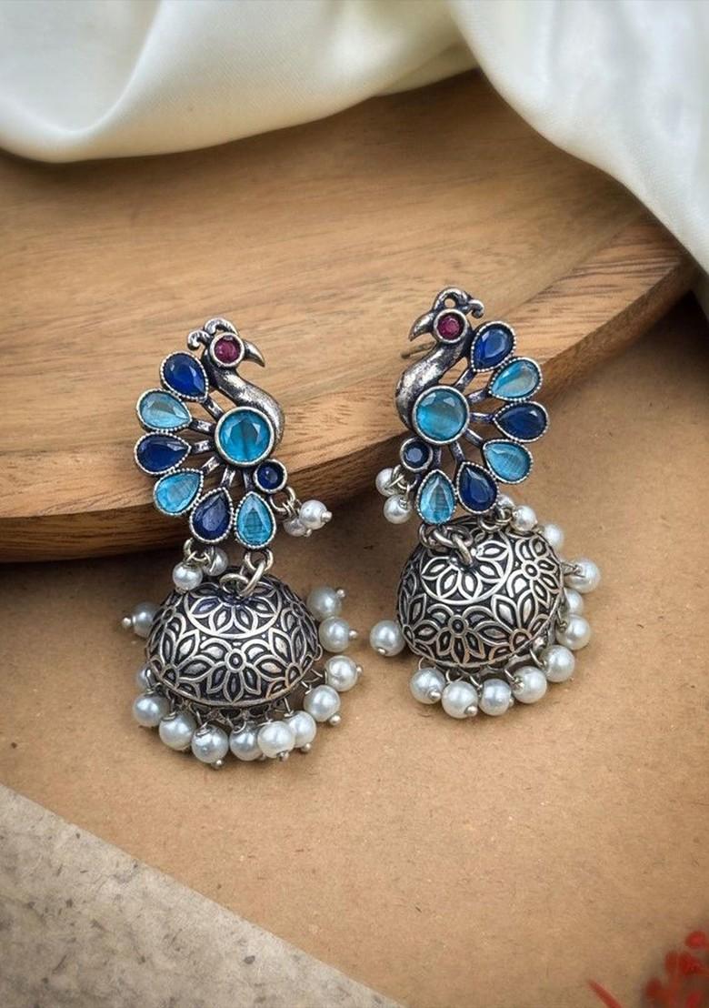 Silver Plated Artificial Stones And Beads Oxidised Contemporary Jhumkas