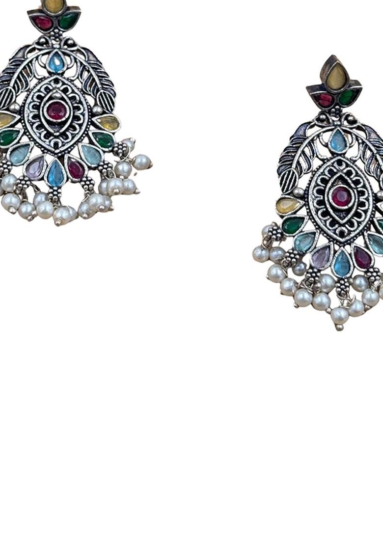 Silver Plated Artificial Stones Studded And Beaded Oxidised Chandbalis