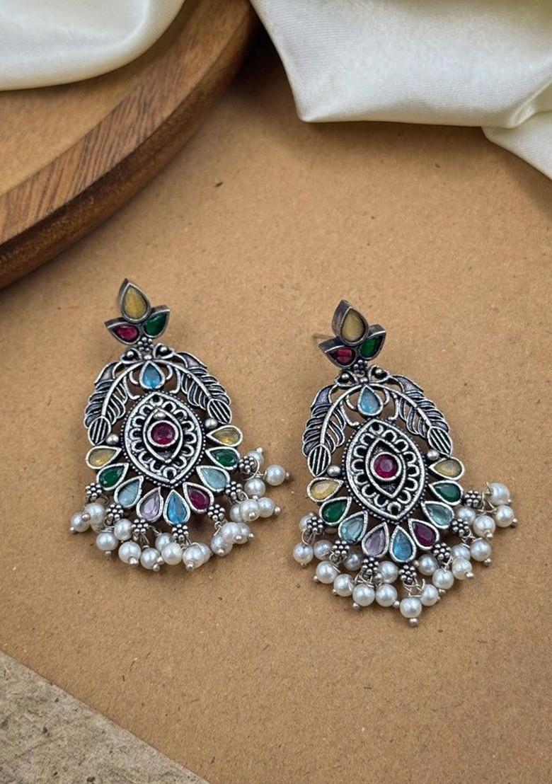 Silver Plated Artificial Stones Studded And Beaded Oxidised Chandbalis