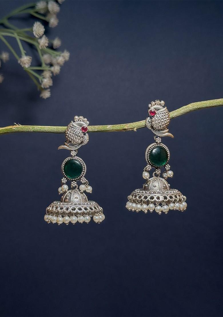 Silver Plated Artificial Stones Studded Oxidised Dome Shaped Jhumkas