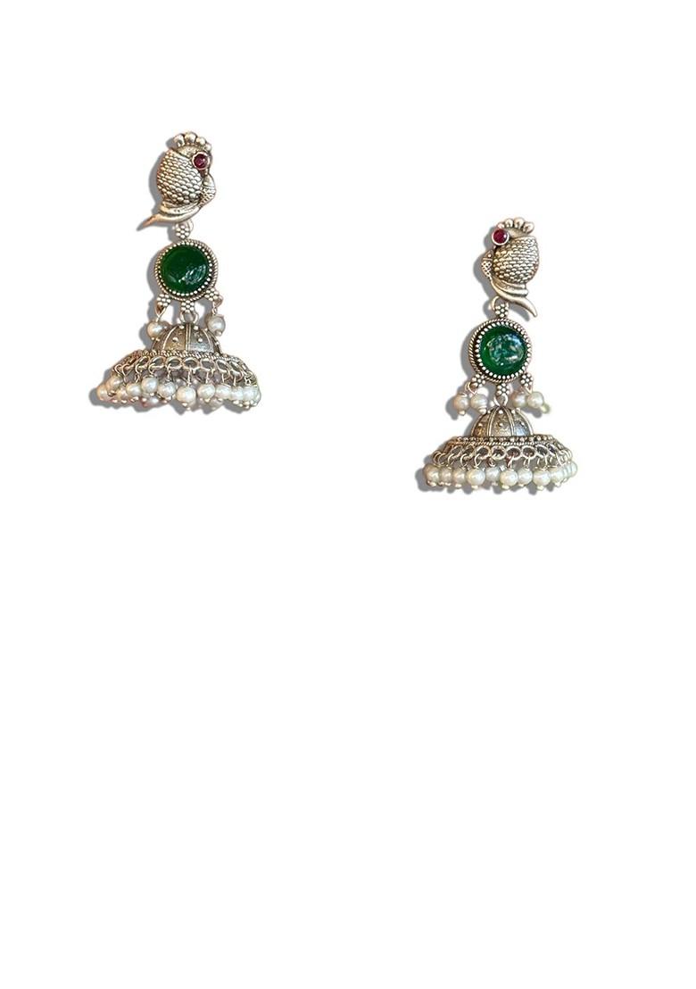 Silver Plated Artificial Stones Studded Oxidised Dome Shaped Jhumkas
