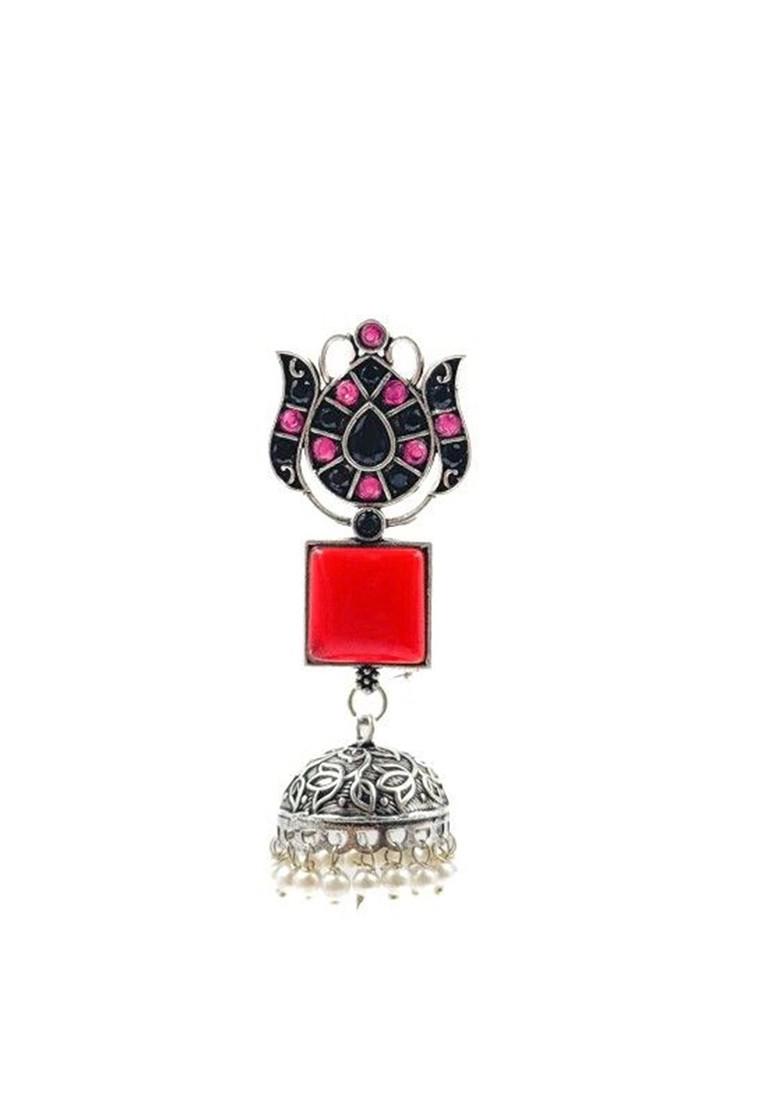 Silver Plated Artificial Stones Studded And Beaded Dome Shaped Oxidised Jhumkas