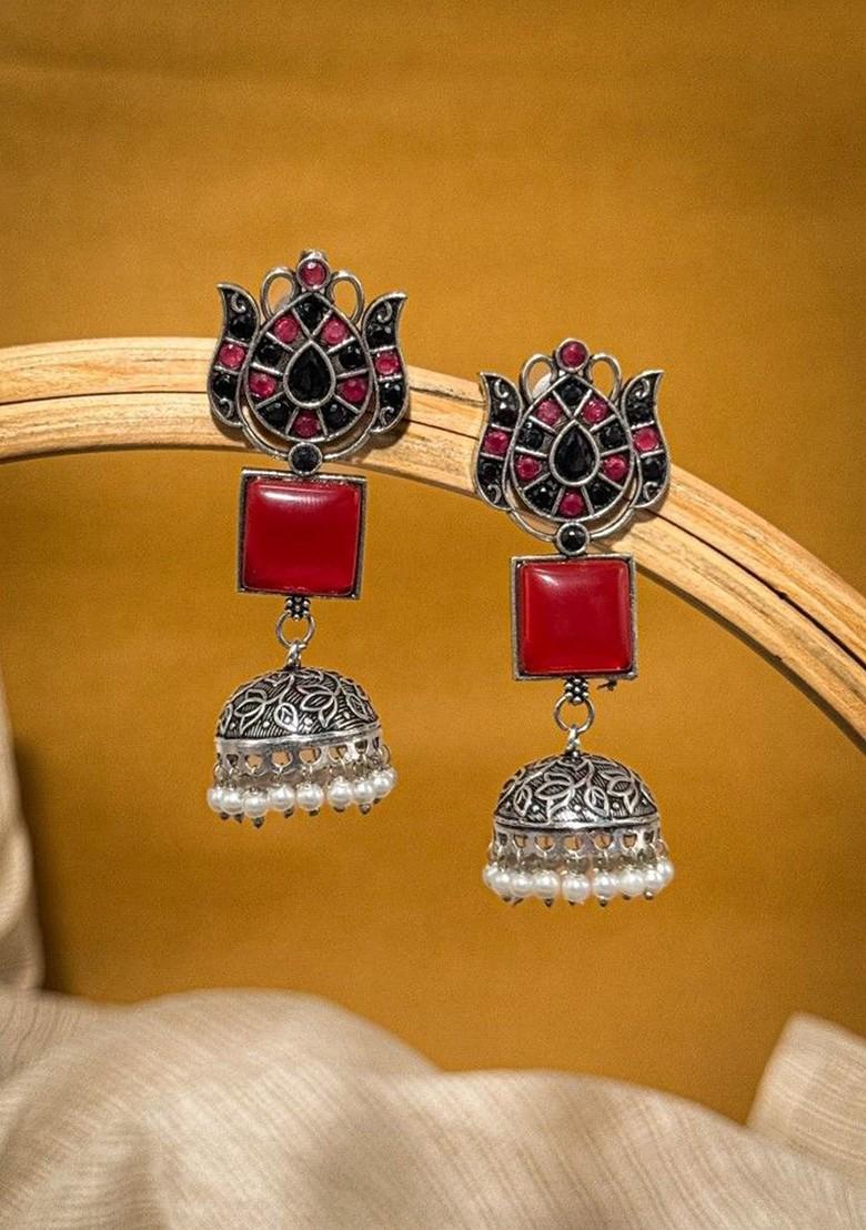 Silver Plated Artificial Stones Studded And Beaded Dome Shaped Oxidised Jhumkas