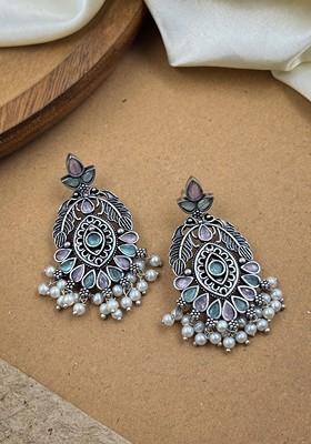 Silver Plated Artificial Stones Studded And Beaded Oxidised Drop Earrings
