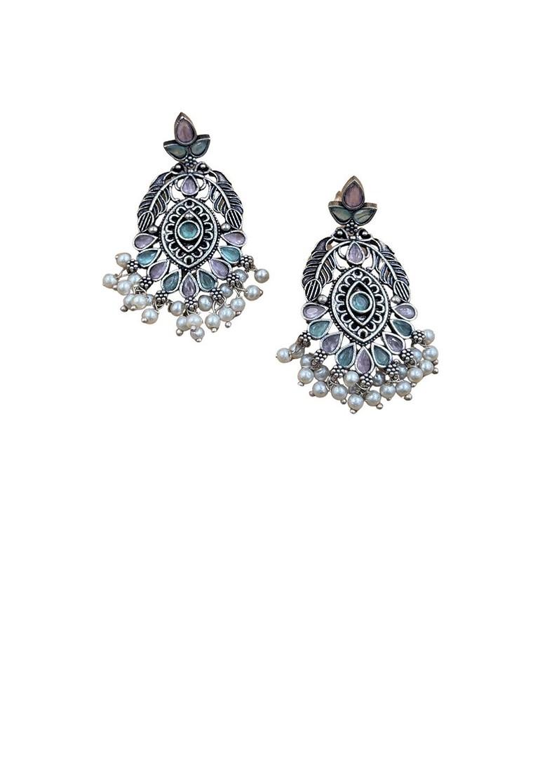 Silver Plated Artificial Stones Studded And Beaded Oxidised Drop Earrings