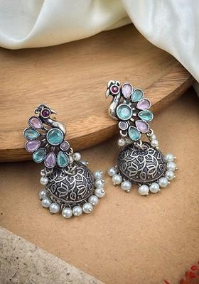 Silver Plated Artificial Stone And Beaded Peacock Shaped Oxidised Drop Earrings