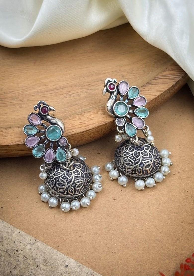 Silver Plated Artificial Stone And Beaded Peacock Shaped Oxidised Drop Earrings