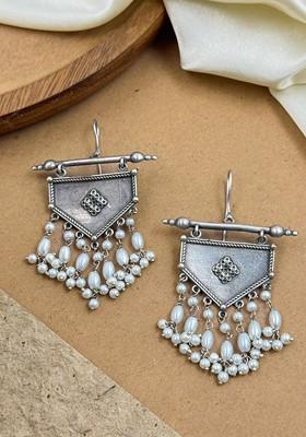 Silver Plated Artificial Beaded Contemporary Oxidised Drop Earrings