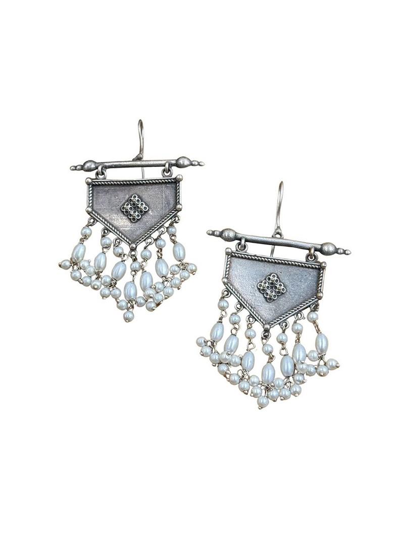 Silver Plated Artificial Beaded Contemporary Oxidised Drop Earrings