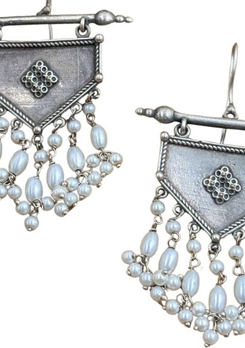 Silver Plated Artificial Beaded Contemporary Oxidised Drop Earrings