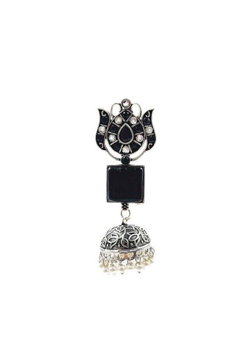Silver Plated Artificial Stones Studded And Beaded Dome Shaped Oxidised Jhumkas