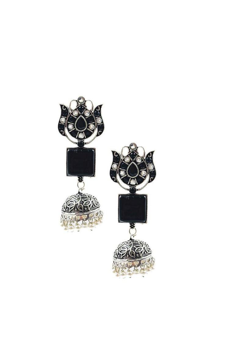 Silver Plated Artificial Stones Studded And Beaded Dome Shaped Oxidised Jhumkas