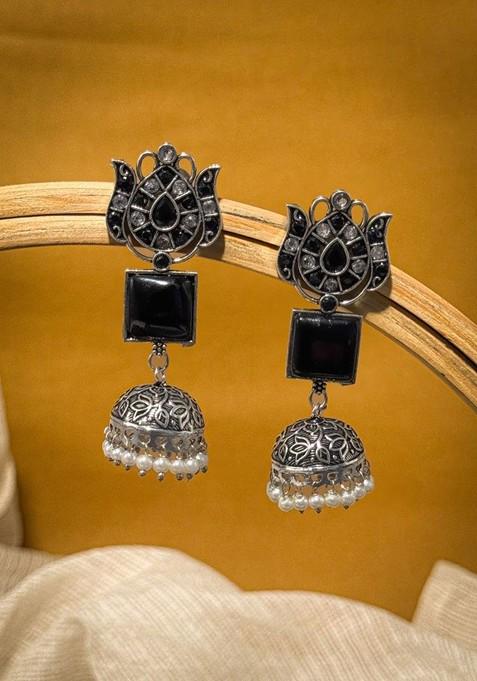 Silver Plated Artificial Stones Studded And Beaded Dome Shaped Oxidised Jhumkas