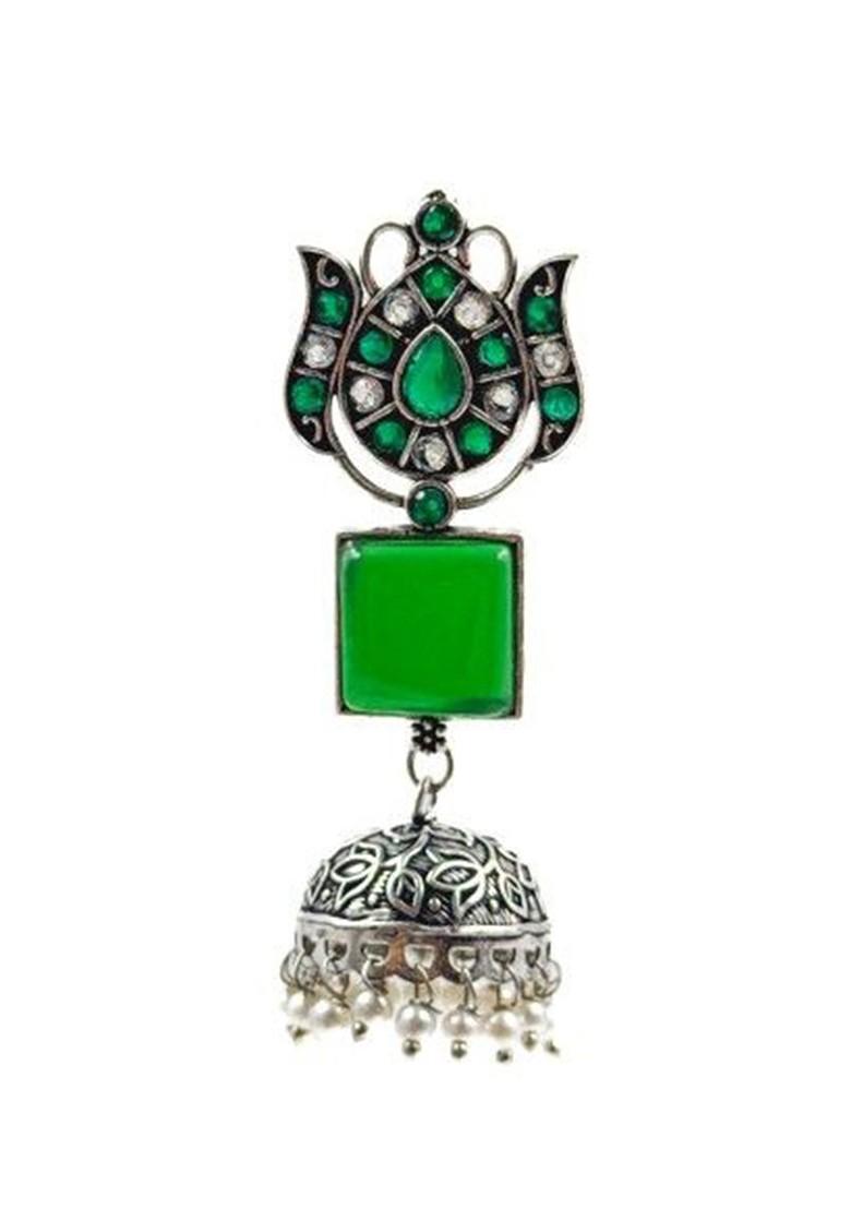 Silver Plated Artificial Stones Studded And Beaded Dome Shaped Oxidised Jhumkas