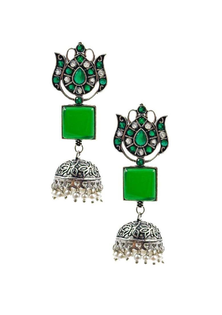 Silver Plated Artificial Stones Studded And Beaded Dome Shaped Oxidised Jhumkas