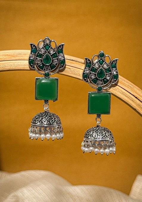 Silver Plated Artificial Stones Studded And Beaded Dome Shaped Oxidised Jhumkas