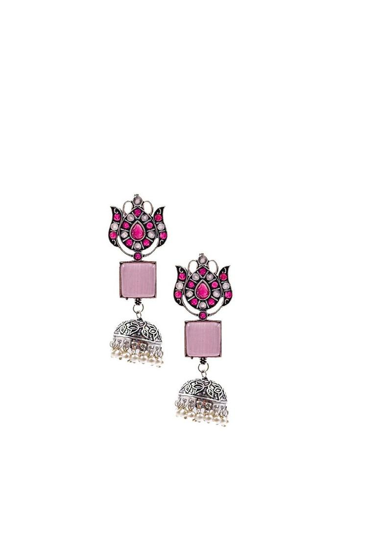 Silver Plated Artificial Stones Studded And Beaded Dome Shaped Oxidised Jhumkas