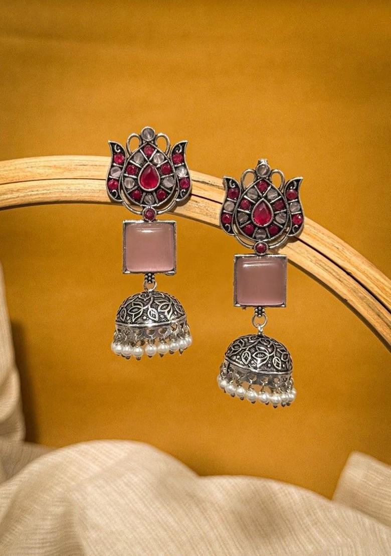 Silver Plated Artificial Stones Studded And Beaded Dome Shaped Oxidised Jhumkas