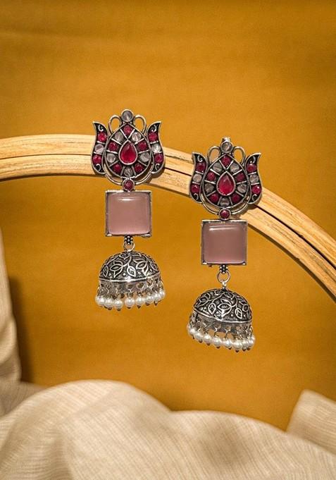 Silver Plated Artificial Stones Studded And Beaded Dome Shaped Oxidised Jhumkas