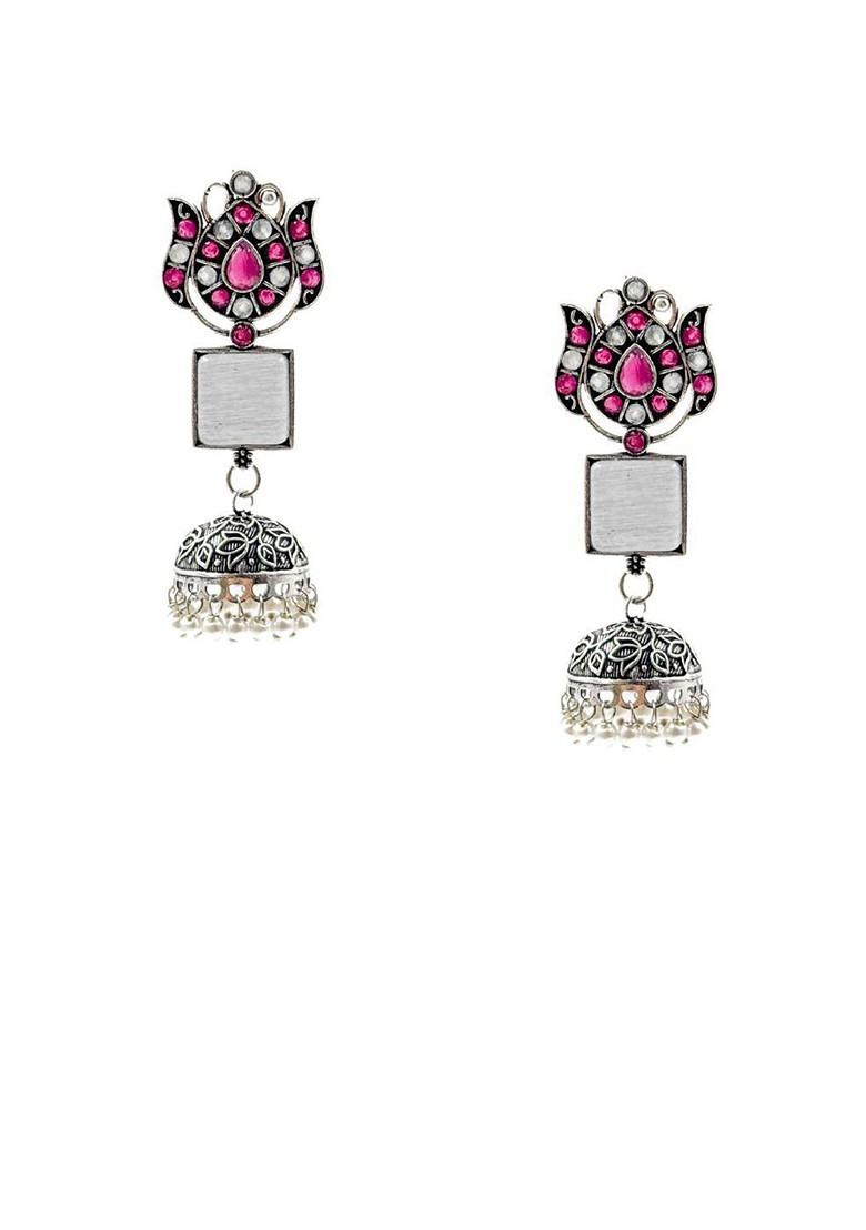 Silver Plated Artificial Stones Studded And Beaded Dome Shaped Oxidised Jhumkas
