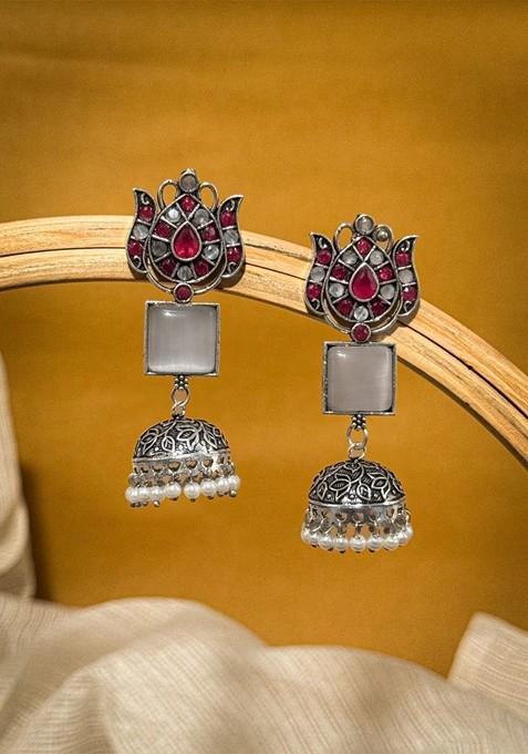 Silver Plated Artificial Stones Studded And Beaded Dome Shaped Oxidised Jhumkas