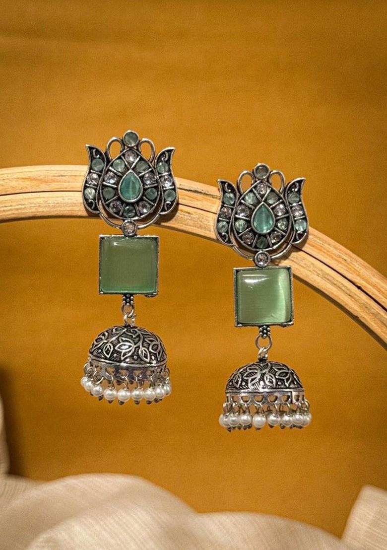 Silver Plated Artificial Stones Studded And Beaded Dome Shaped Oxidised Jhumkas