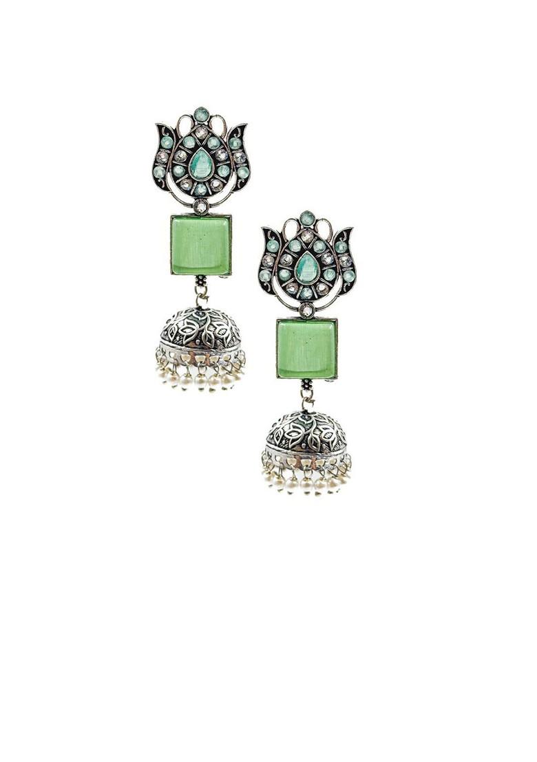 Silver Plated Artificial Stones Studded And Beaded Dome Shaped Oxidised Jhumkas