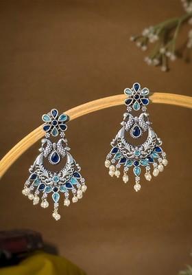 Silver Plated Artificial Stone And Beaded Contemporary Oxidised Drop Earrings