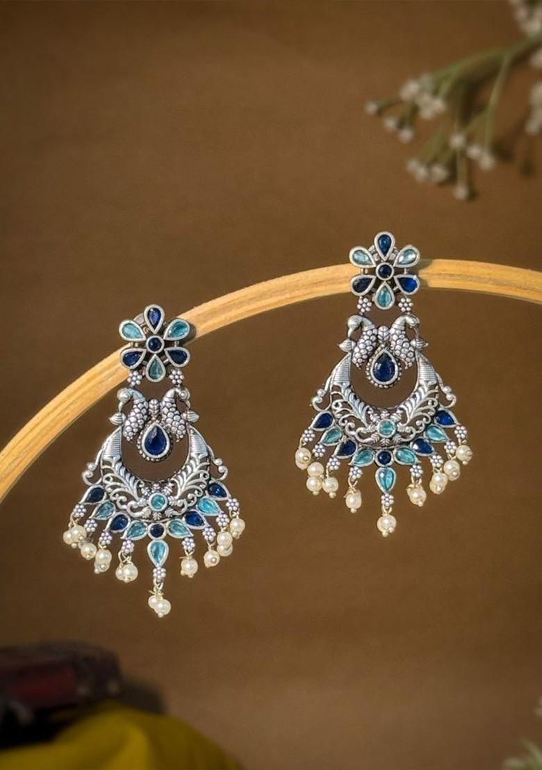 Silver Plated Artificial Stone And Beaded Contemporary Oxidised Drop Earrings