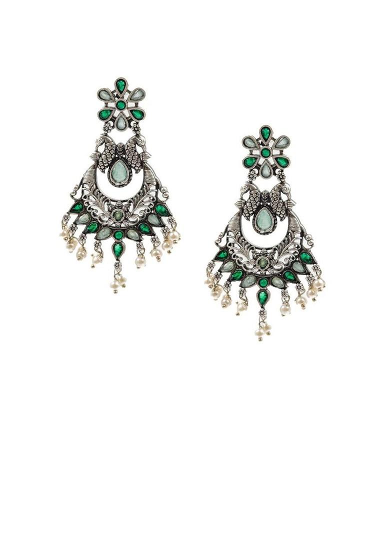 Silver Plated Artificial Stone And Beaded Contemporary Oxidised Drop Earrings