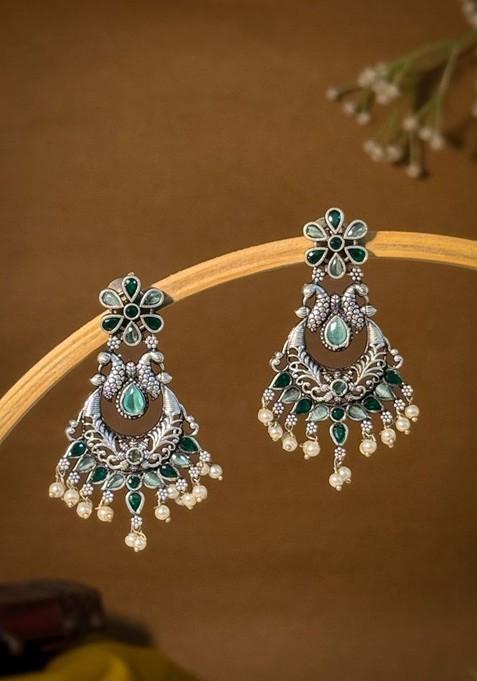 Silver Plated Artificial Stone And Beaded Contemporary Oxidised Drop Earrings