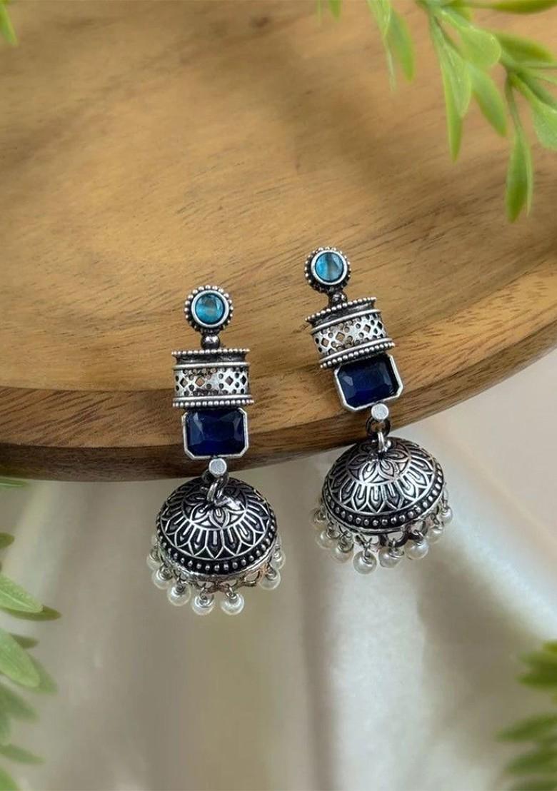 Silver Plated Artificial Stones Studded And Beaded Dome Shaped Oxidised Jhumkas