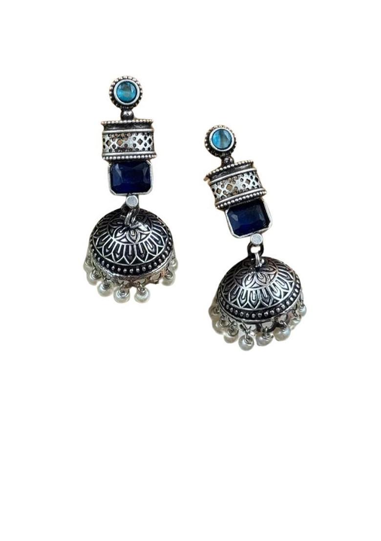 Silver Plated Artificial Stones Studded And Beaded Dome Shaped Oxidised Jhumkas