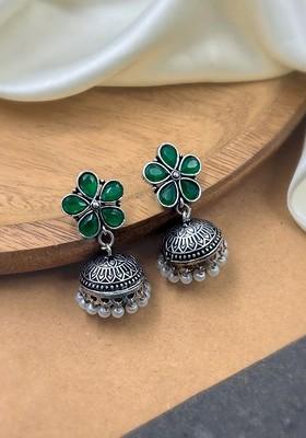 Silver Plated Stones Studded And Beaded Dome Shaped Oxidised Jhumkas