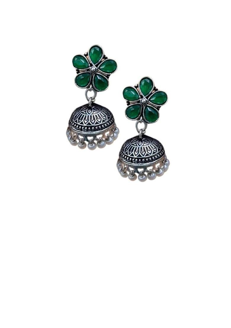 Silver Plated Stones Studded And Beaded Dome Shaped Oxidised Jhumkas