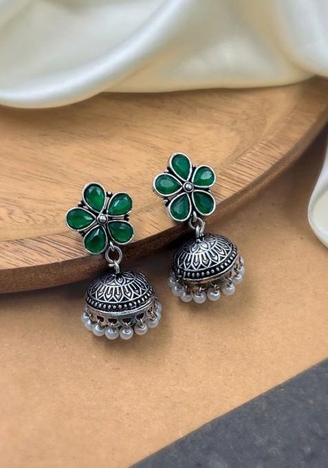 Silver Plated Stones Studded And Beaded Dome Shaped Oxidised Jhumkas