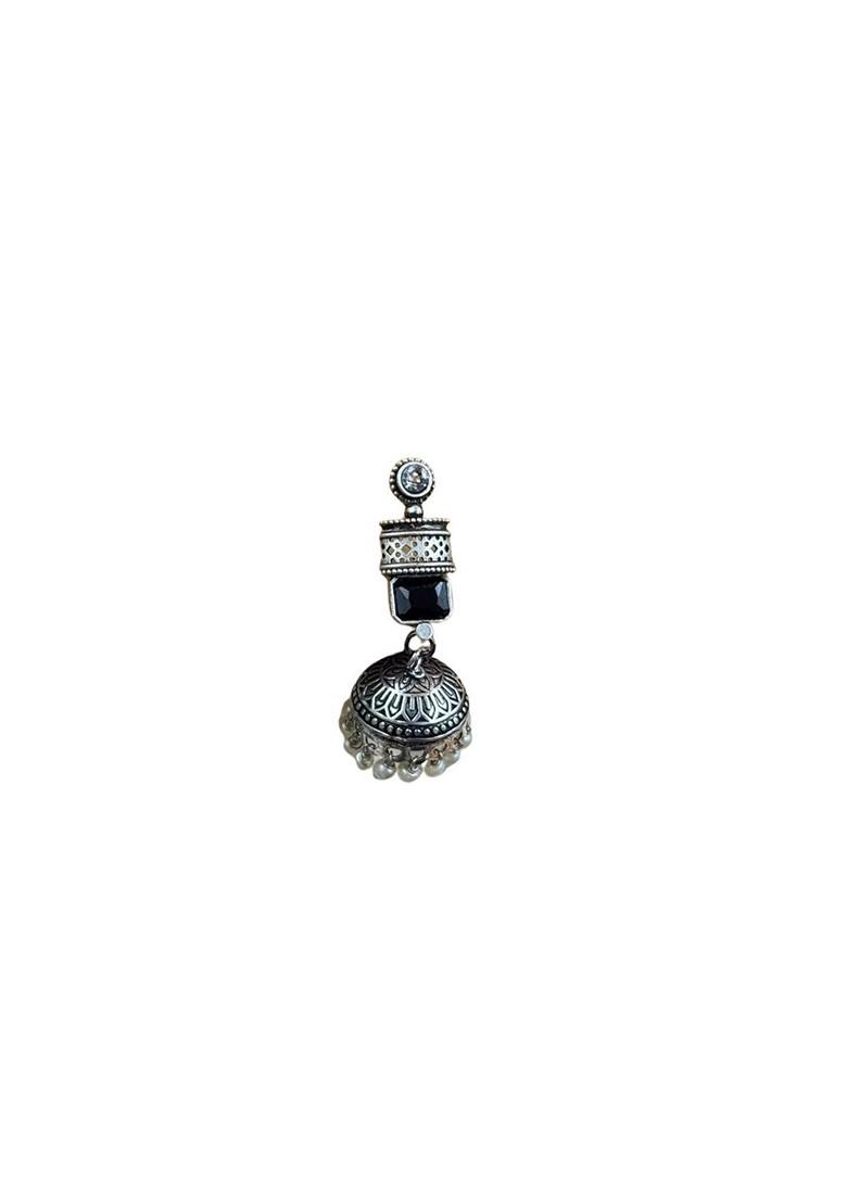 Silver Plated Artificial Stones Studded And Beaded Dome Shaped Oxidised Jhumkas