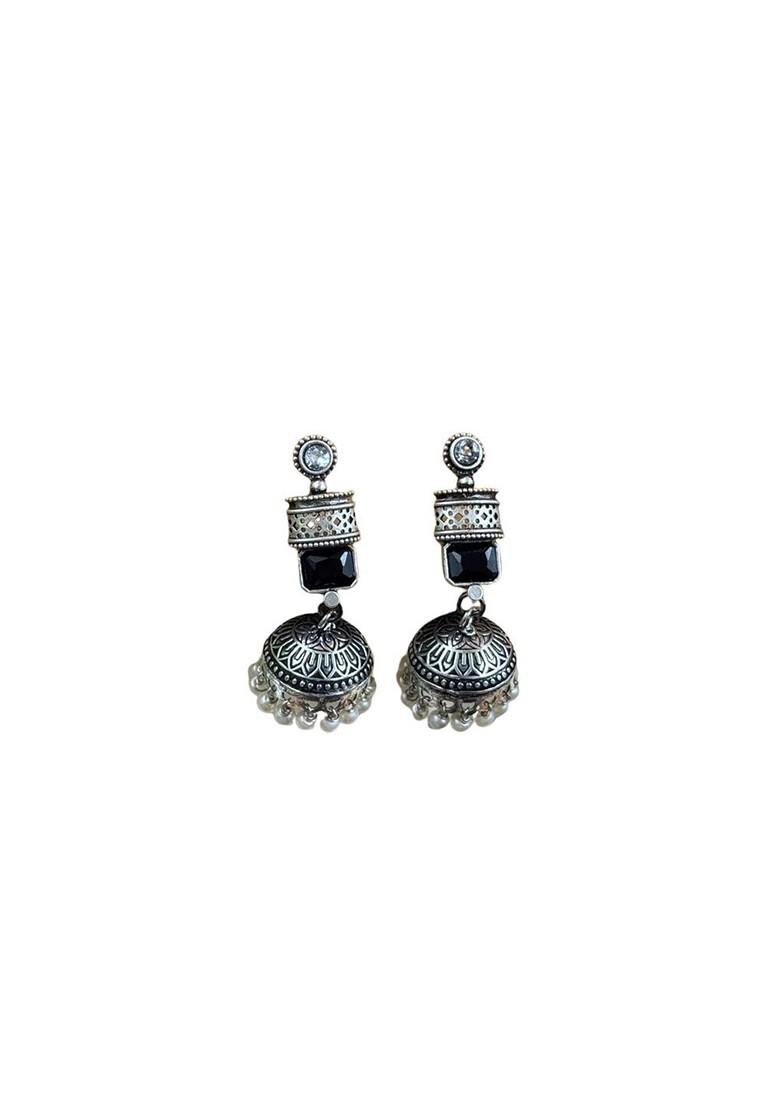 Silver Plated Artificial Stones Studded And Beaded Dome Shaped Oxidised Jhumkas