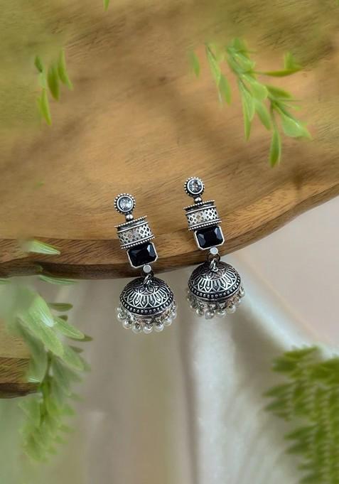Silver Plated Artificial Stones Studded And Beaded Dome Shaped Oxidised Jhumkas
