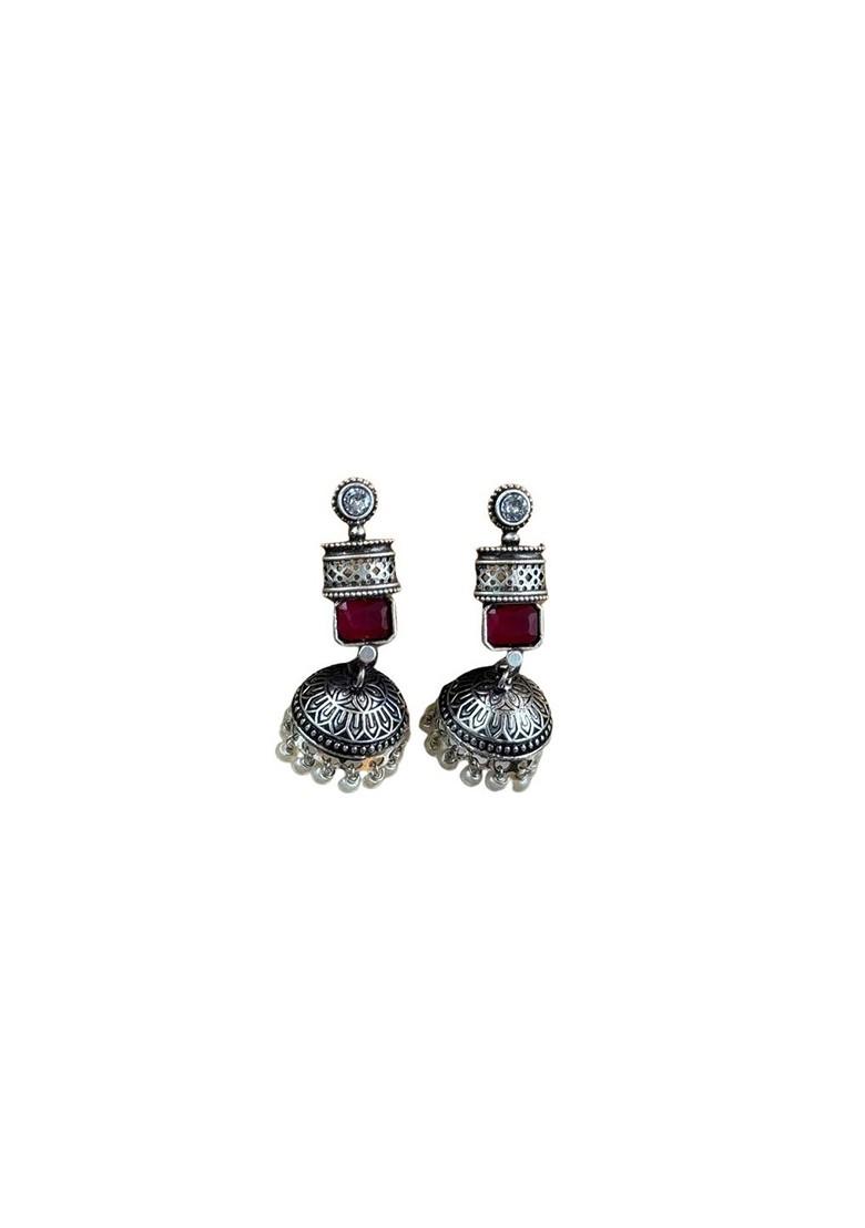 Silver Plated Artificial Stones Studded And Beaded Dome Shaped Oxidised Jhumkas