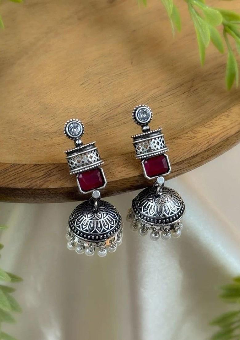 Silver Plated Artificial Stones Studded And Beaded Dome Shaped Oxidised Jhumkas